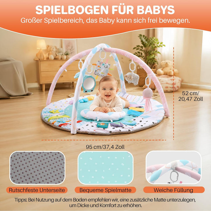 FUNYKICH Spielbogen Baby, Spieldecke Baby mit 6 Spielzeugen &amp; Kissen, Rutschfeste Baby Gym für Babys