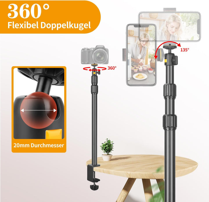 JEBUTU TL253 Kamera Tischstativ Lichtstativ, 43.5-102cm verstellbares Tablet Halterung mit 360ﾟKugel