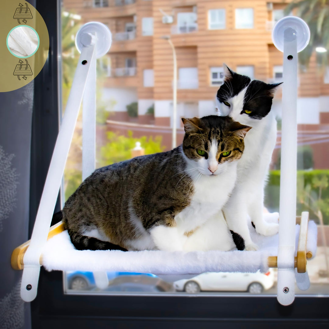 Fensterliege für Katzen aus Bambus–Katzenhängematte Noah-Katzenbett Fenster mit warmem Plüschstoff f