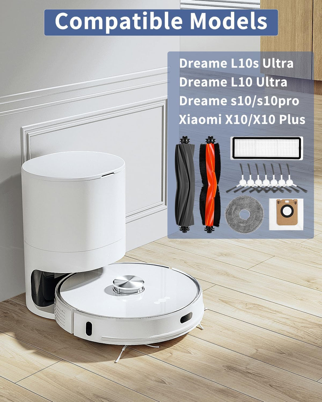 Zubehörset für Dreame L10s Ultra/L10 Ultra/L10 Prime Saugroboter, 2 Hauptbürste, 4 Filter, 4 Wischpa