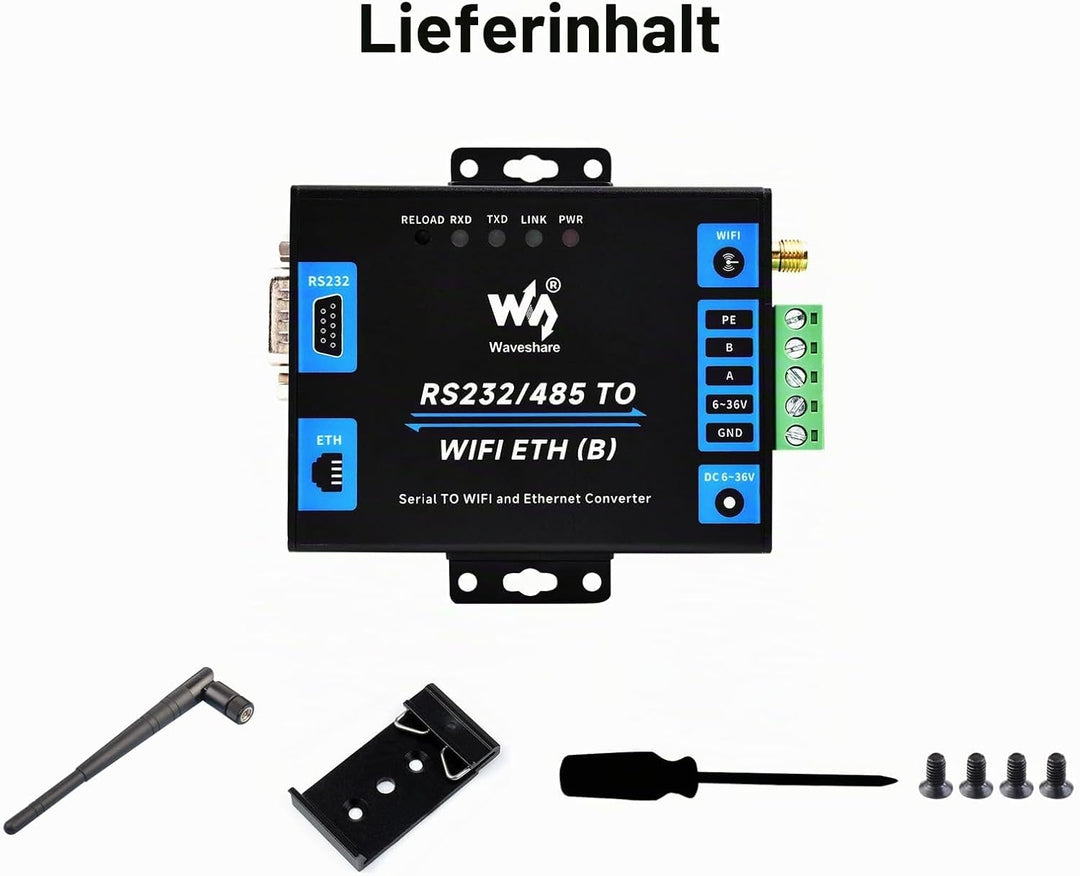 Waveshare Industrial Grade Serial Server RS232/485 to WiFi and Ethernet, Modbus Gateway, MQTT Gatewa