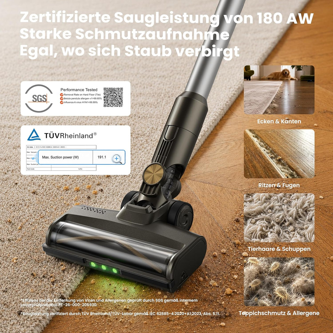 HP20 Akku Staubsauger, TÜV Getestet 180AW, H13 HEPA, Grünes LED Braun &amp; Gold, Braun &amp; Gold