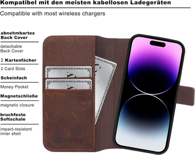 Burkley 2in1 Leder Handytasche für iPhone 12 Mini Handyhülle mit herausnehmbarem Back Cover, 360° Sc