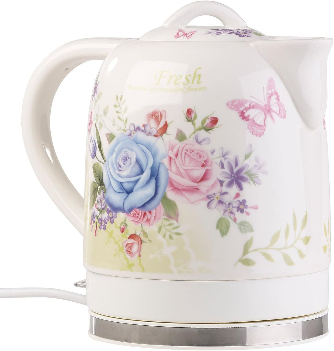 Rosenstein & Söhne Wasserkocher Blumen: Keramik-Wasserkocher mit Blumenmuster, 1,7 Liter, 1.500 Watt