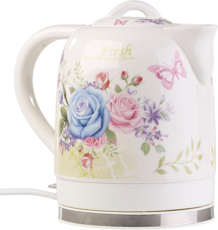 Rosenstein & Söhne Wasserkocher Blumen: Keramik-Wasserkocher mit Blumenmuster, 1,7 Liter, 1.500 Watt