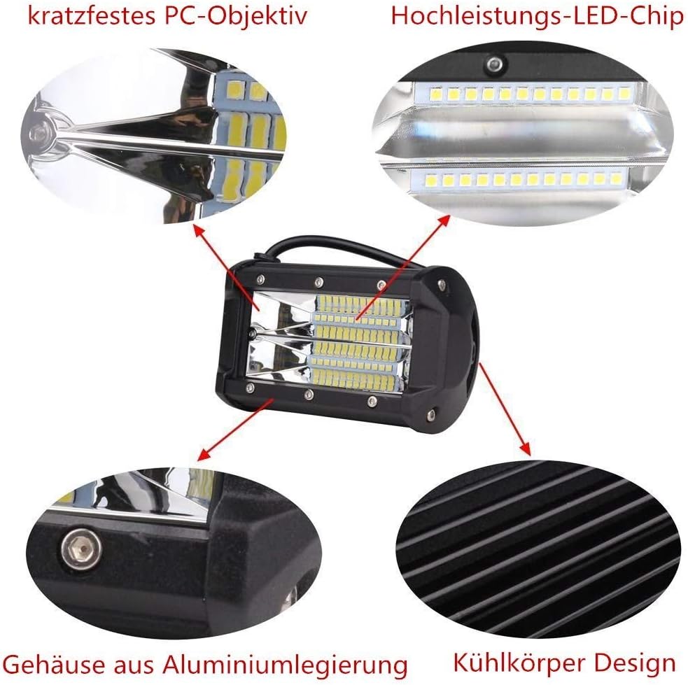4x 72W Offroad Scheinwerfer LED Arbeitsscheinwerfer Zusatzscheinwerfer Aussenlampen Aluminium Druckg