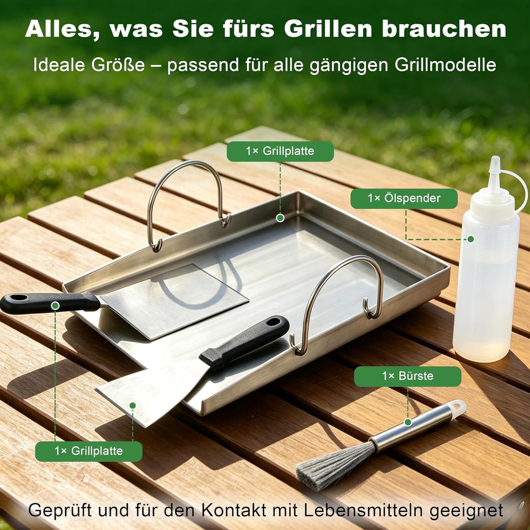 5 Set Plancha Grillplatte - Edelstahl Grillplatte - 2 Grillspachteln &amp; Ölflasche - 30x40 cm Plancha