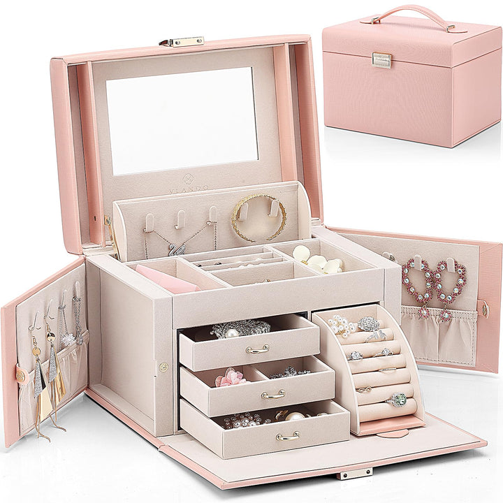 Vlando Faux Leather Jewellery Box, Hochleistungs-Schmuck-Organizer Aufbewahrungsbox mit 3 Schubladen