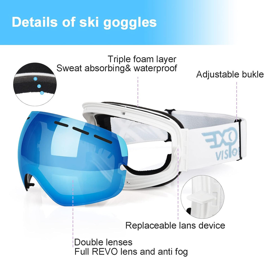 EXP VISION Snowboard Skibrille für Herren Damen Jugend, 100% UV400 Schutz Anti Beschlag über der Bri