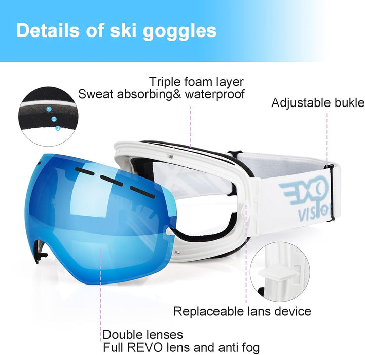 EXP VISION Snowboard Skibrille für Herren Damen Jugend, 100% UV400 Schutz Anti Beschlag über der Bri