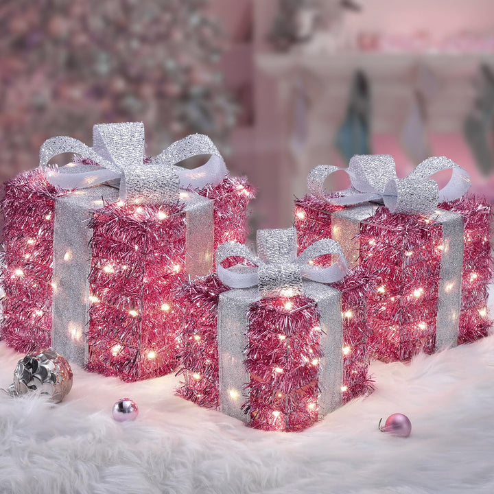 Quntis 3 Set LED Geschenkbox Weihnachten, Weihnachtsdeko Innen Strombetrieben, 140 warmweisse LEDs,