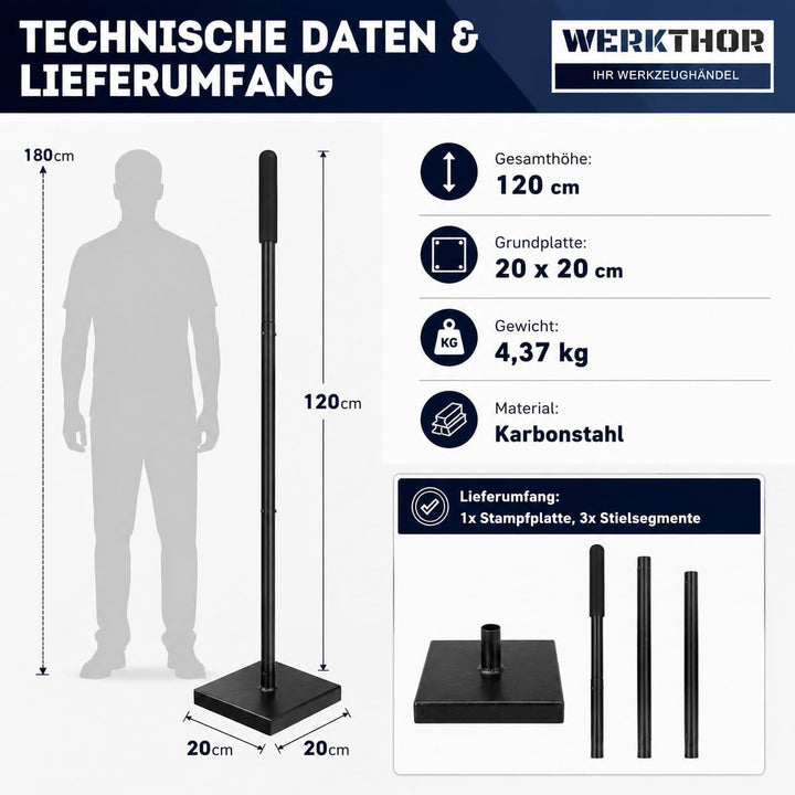 WERKTHOR Boden Stampfer aus Stahl Zerlegbar - Stampfer Bodenverdichter 122 cm hoch mit 20 x 20 cm Gr