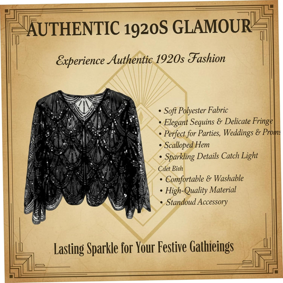 Gcroet Flapper-Schal aus den 1920er-Jahren mit glitzernden Fransen, Braut-Capelet aus weichem Polyes