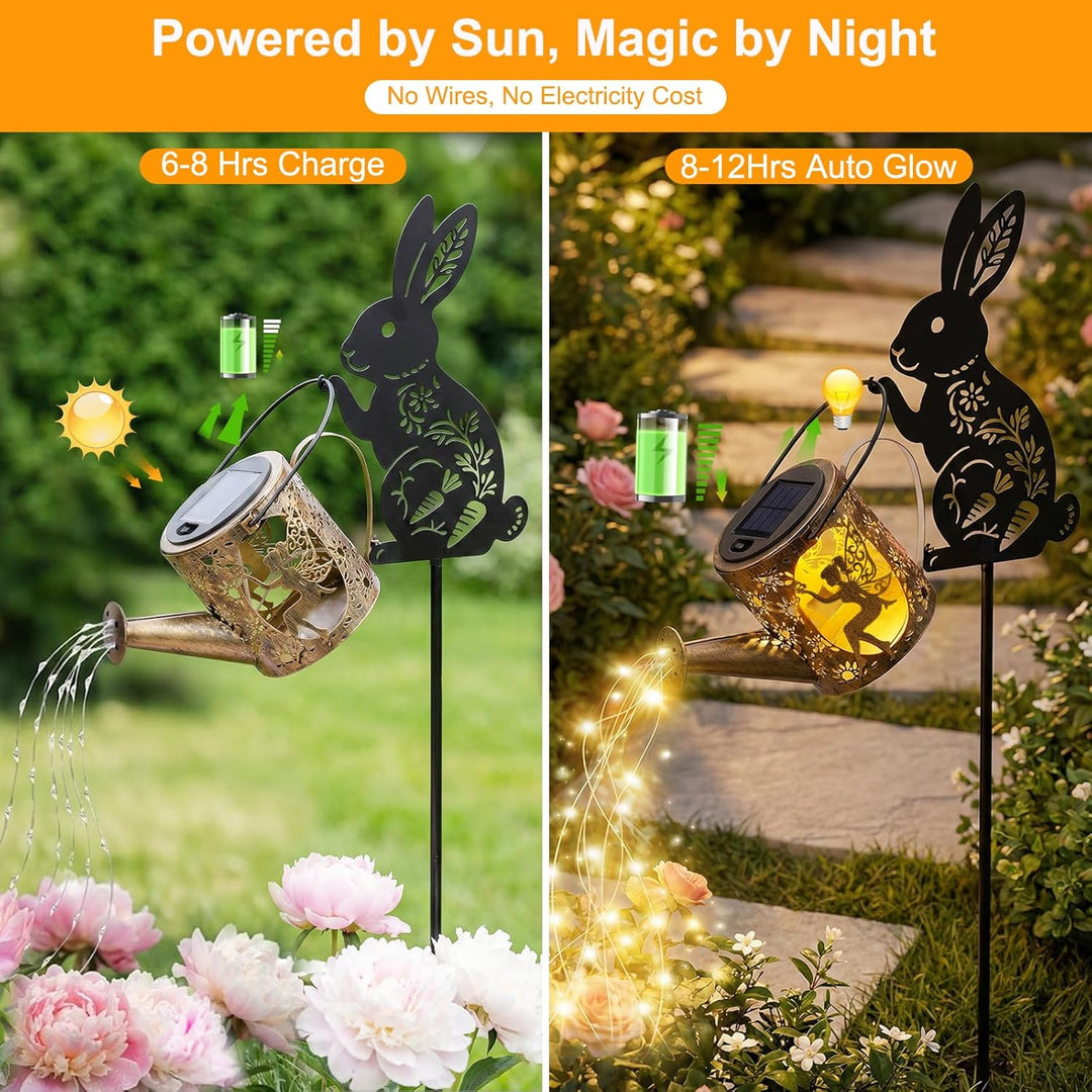 Solargiesskanne-Licht mit Hasen-Silhouette-Stecker & Feendesign – Kaskaden-LED-Lichterkette für Gart