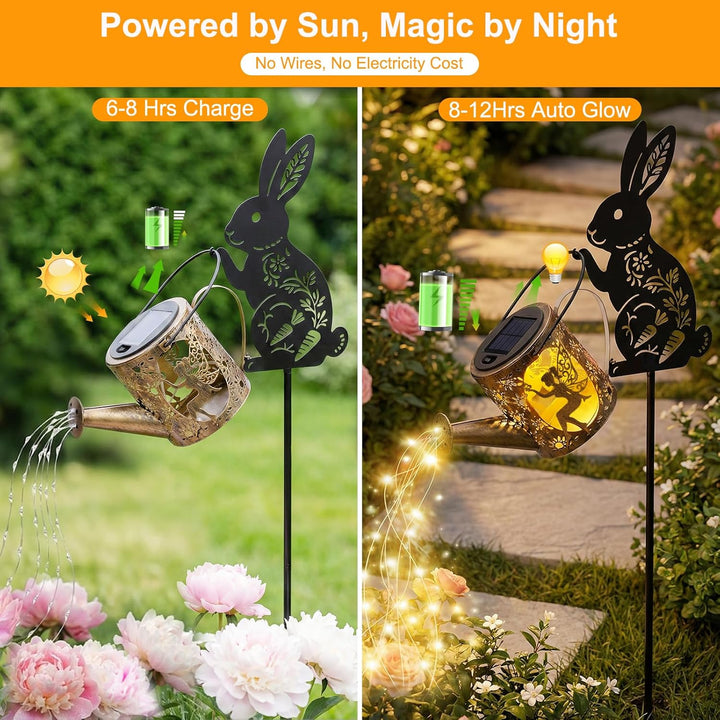 Solargiesskanne-Licht mit Hasen-Silhouette-Stecker & Feendesign – Kaskaden-LED-Lichterkette für Gart