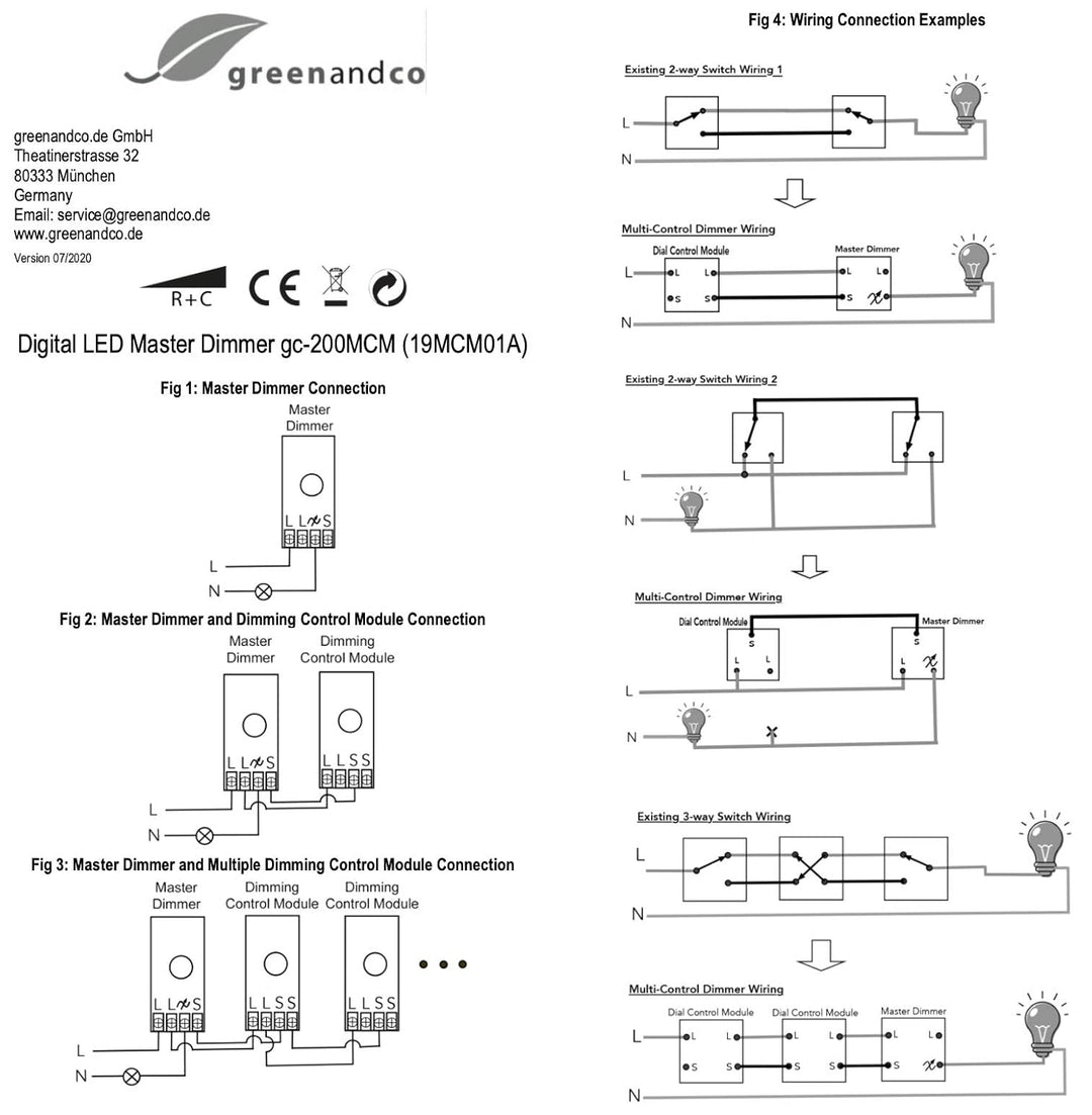 Kombipackung greenandco® gc-200MCM digitaler Master Dimmer für LED und Halogen 1-200 Watt + gc-200MC