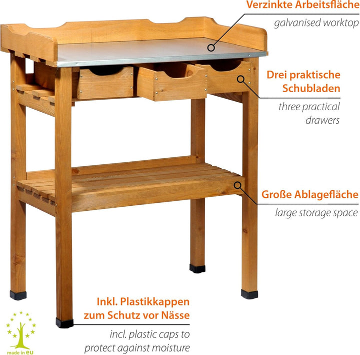 dobar® 29030e Pflanztisch mit 3 Schubladen | Gärtnertisch mit Ablageboden | Umtopftisch Kiefernholz