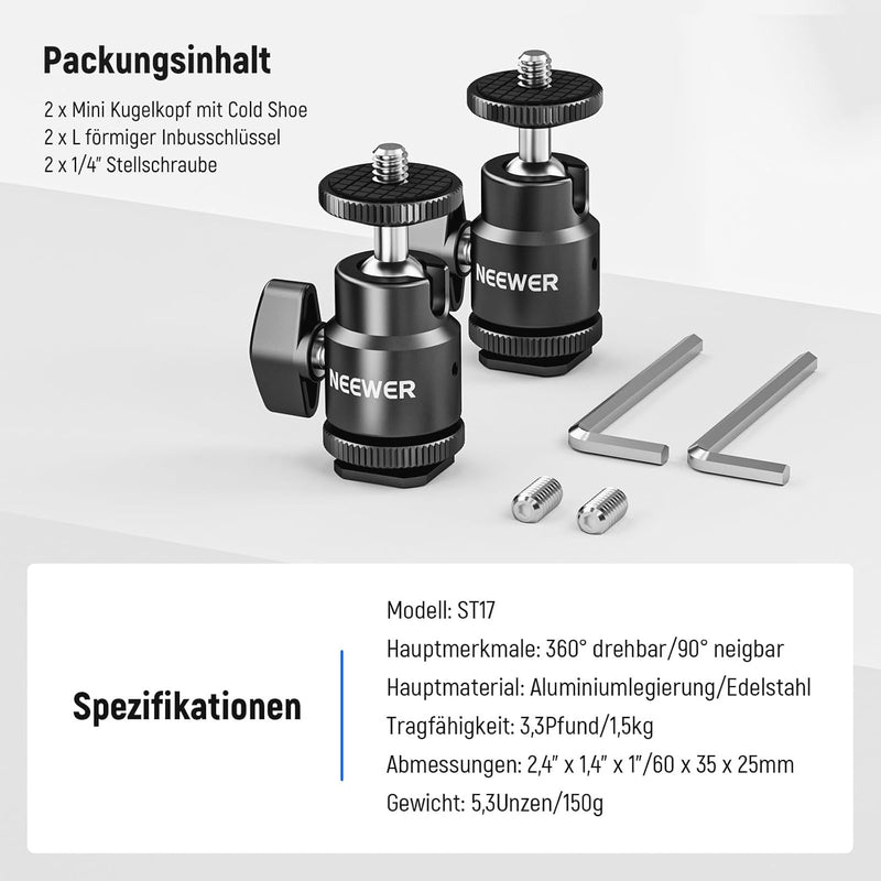 NEEWER 2er-Pack 1/4" Blitzschuhhalterung mit zusätzlicher 1/4" Schraube, Mini-Kugelkopf-Blitzschuhha