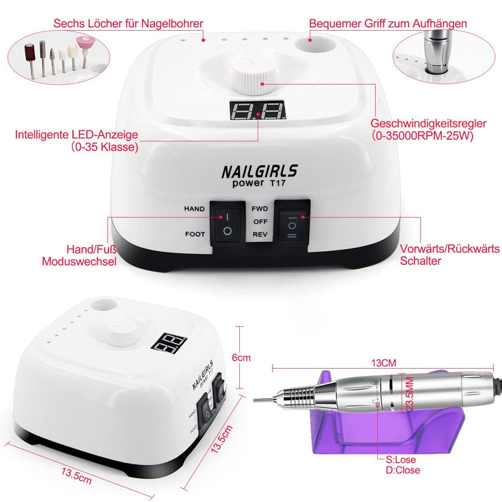 Nagelfeile Elektrisch für gelnägel,NAILGIRLS 11 in 1 Nagel Fräsmaschine,35000 U/Min Nail Drill Nagel