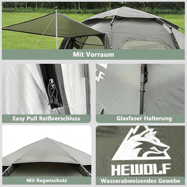 Hewolf Camping Zelt - Zelt 2/3/4 Personen Wasserdicht mit Vorzelt Familienzelt Einfache Einrichtung