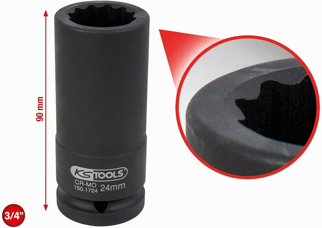 KS Tools 150.1724 3/4" 12-Kant-Antriebswellen-Kraftstecknuss, lang, 24mm