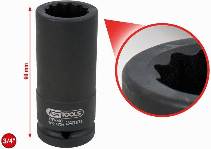 KS Tools 150.1724 3/4" 12-Kant-Antriebswellen-Kraftstecknuss, lang, 24mm