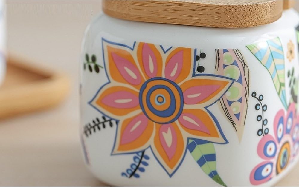 2er Set Gewürzdosen mit Deckel und Löffel Blumenmuster Gewürzbehälter Porzellan Zuckerdose mit Holzt