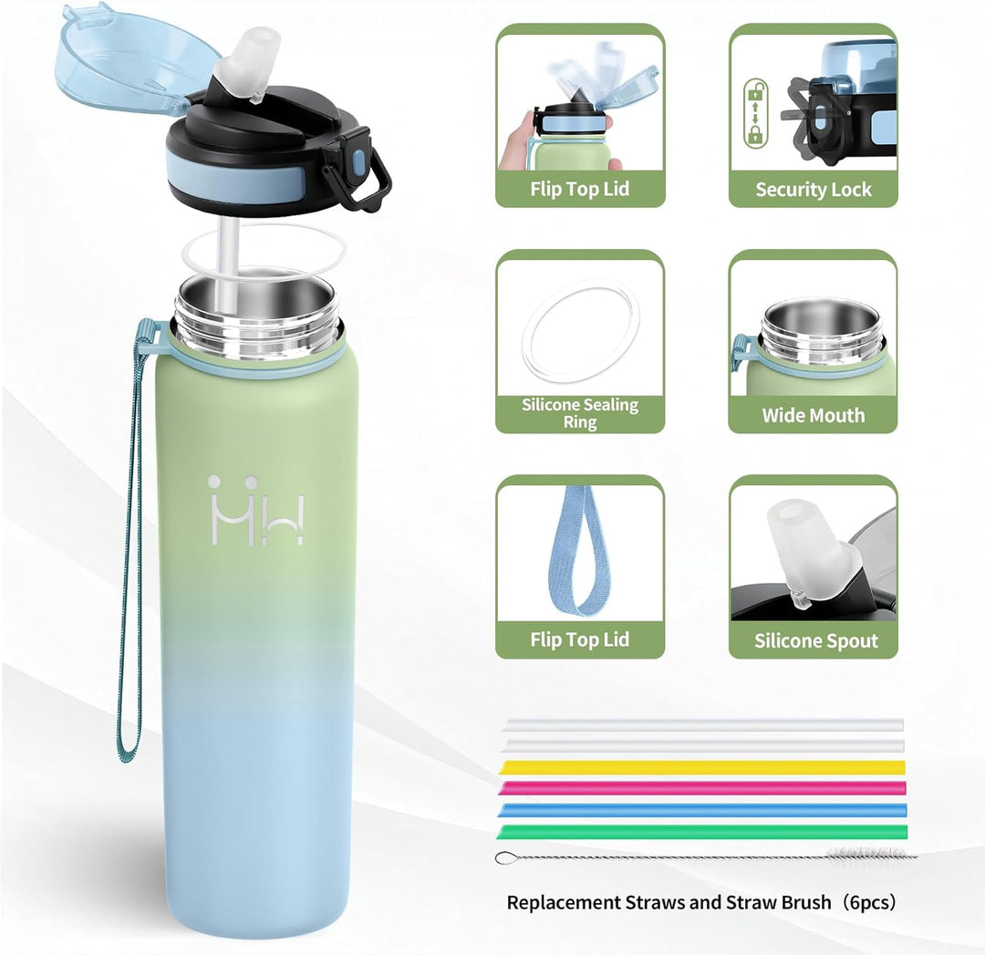 Trinkflasche Edelstahl 1L, Thermosflasche mit Strohhalm, BPA-Frei, Kohlensäure Geeignet, Einhandöffn