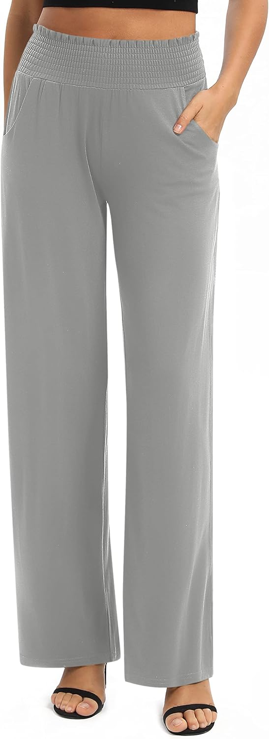 EXCHIC Damen Einfarbig Lose Gerade Geschnitten Palazzo Hose Hohe Taille Dehnbar Lounge Hose mit Tasc