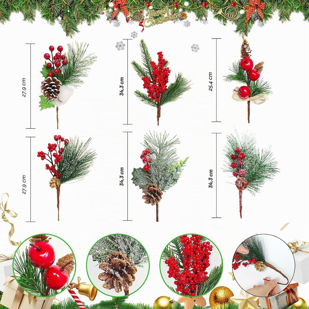 Morofme Künstliche Tannenzweige mit Rote Beeren Deko 6 Stück, Weihnachtszweige mit Tannenzapfen, Bau