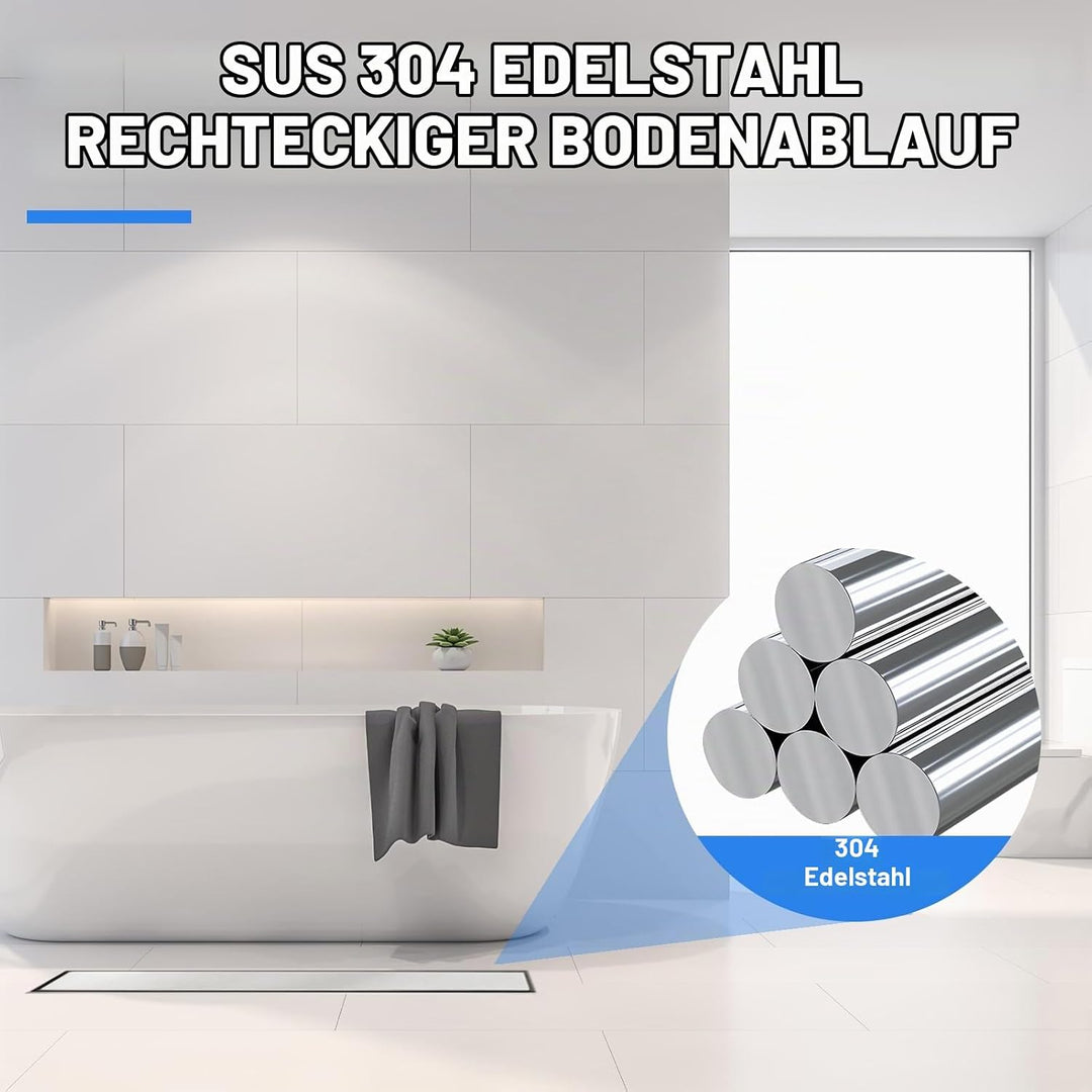 Gugxiom 60 cm Duschrinne, 304 Edelstahl Einsatz Ablaufrinne Dusche Set, 2 in 1 Panels, mit verstellb