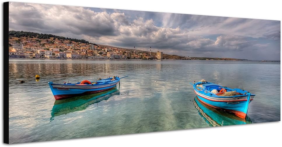 Paul Sinus Art Panoramabild auf Leinwand und Keilrahmen 150x50cm Meer Wasser Boote Städtchen Wolkenh