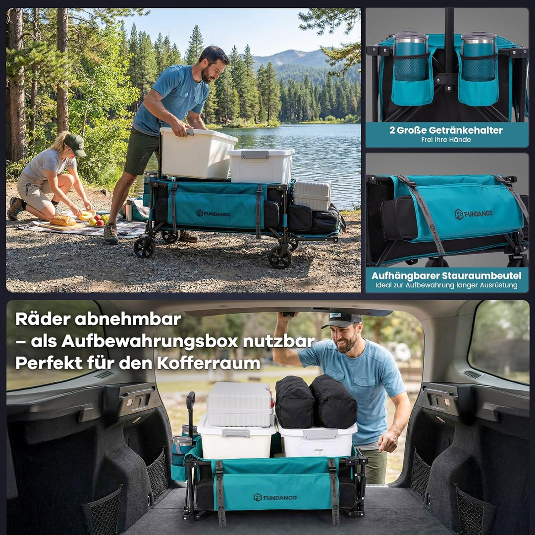 FUNDANGO XXL Bollerwagen Faltbar 180KG 200L mit Heckklappe, 114CM Extra Lang, Kompakt Zusammenklappb