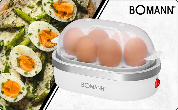 Eierkocher für 6 Eier mit 400 Watt - herausnehmbarer Eihalter - Akustisches Endsignal (Messbecher, E