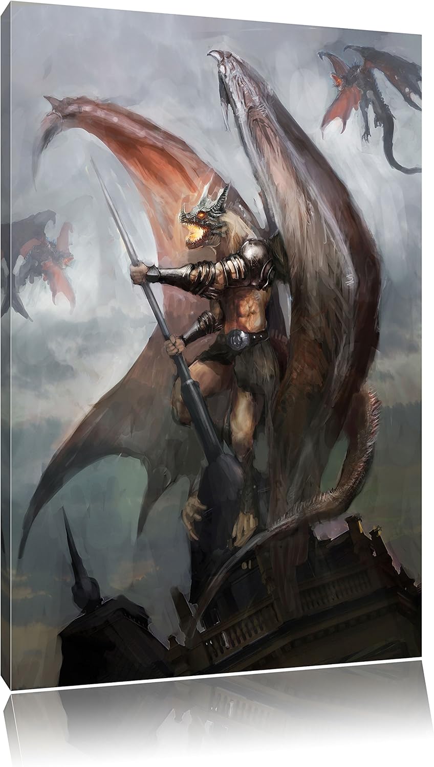 Pixxprint Fiktiver Drachenmann auf der Spitze der Stadt, Format: 100x70 auf Leinwand, XXL riesige Bi