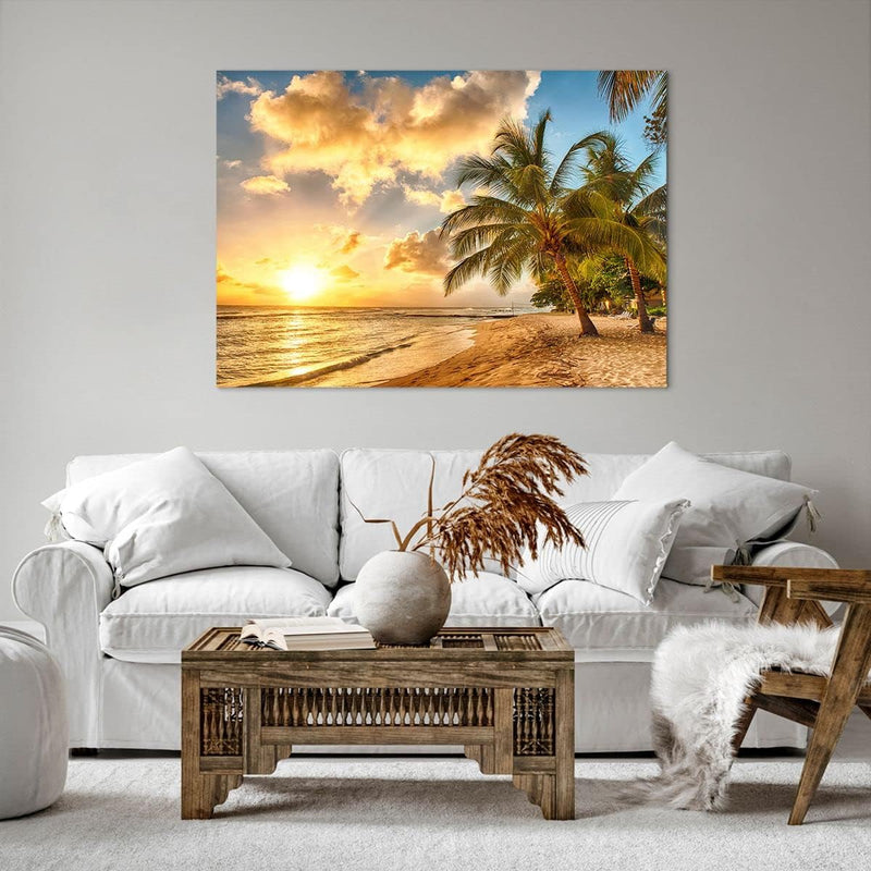 Bilder auf Leinwand 100x70cm Leinwandbild mit Rahmen Strand Meer Palme Gross Wanddeko Bild Schlafzim