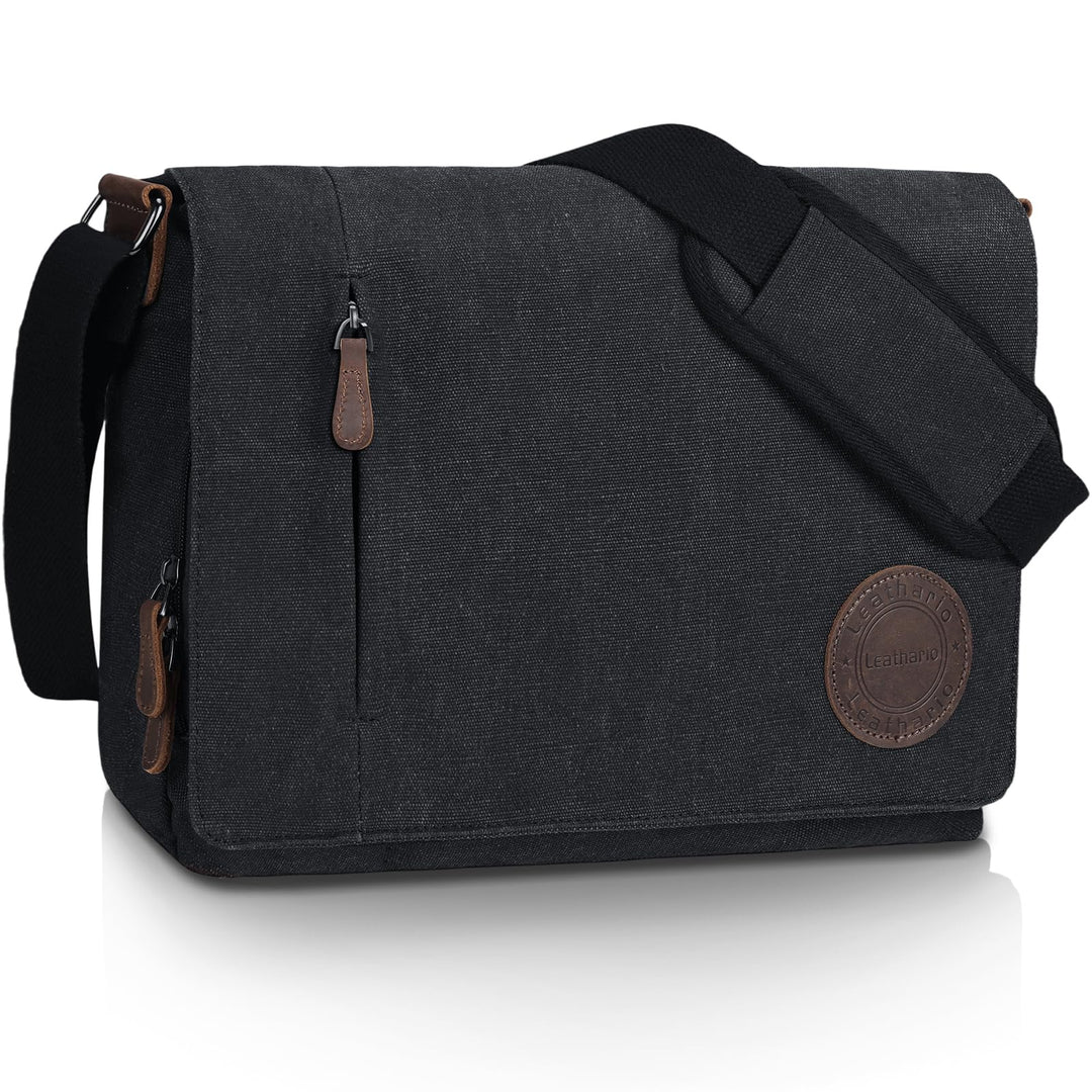 Leathario Umhängetasche Herren 14 Zoll, Messenger Bag aus Echtleder und Canvas, Arbeitstasche Studen