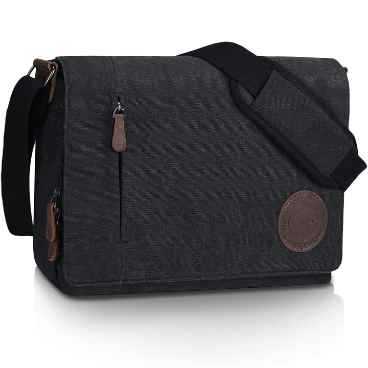 Leathario Umhängetasche Herren 14 Zoll, Messenger Bag aus Echtleder und Canvas, Arbeitstasche Studen
