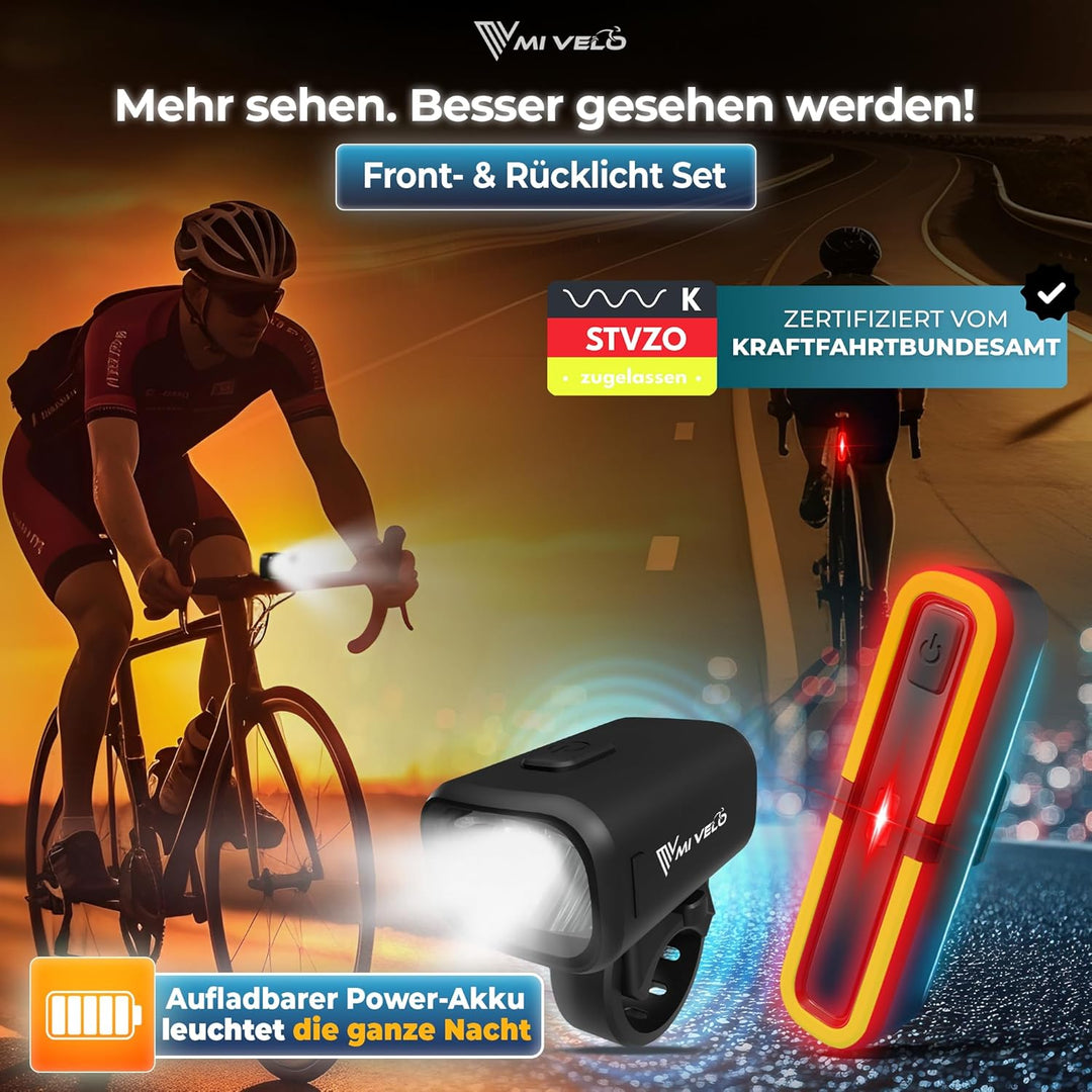 MIVELO Fahrradlicht Set mit Power-Akku, StVZO zugelassene Fahrradbeleuchtung USB aufladbar &amp; wasserd