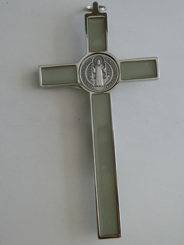 10.004.10 Fluo Kreuz Fluo Silber Phosphoreszente San Benedikt 20 cm emailliert mit Box Geschenk Sain