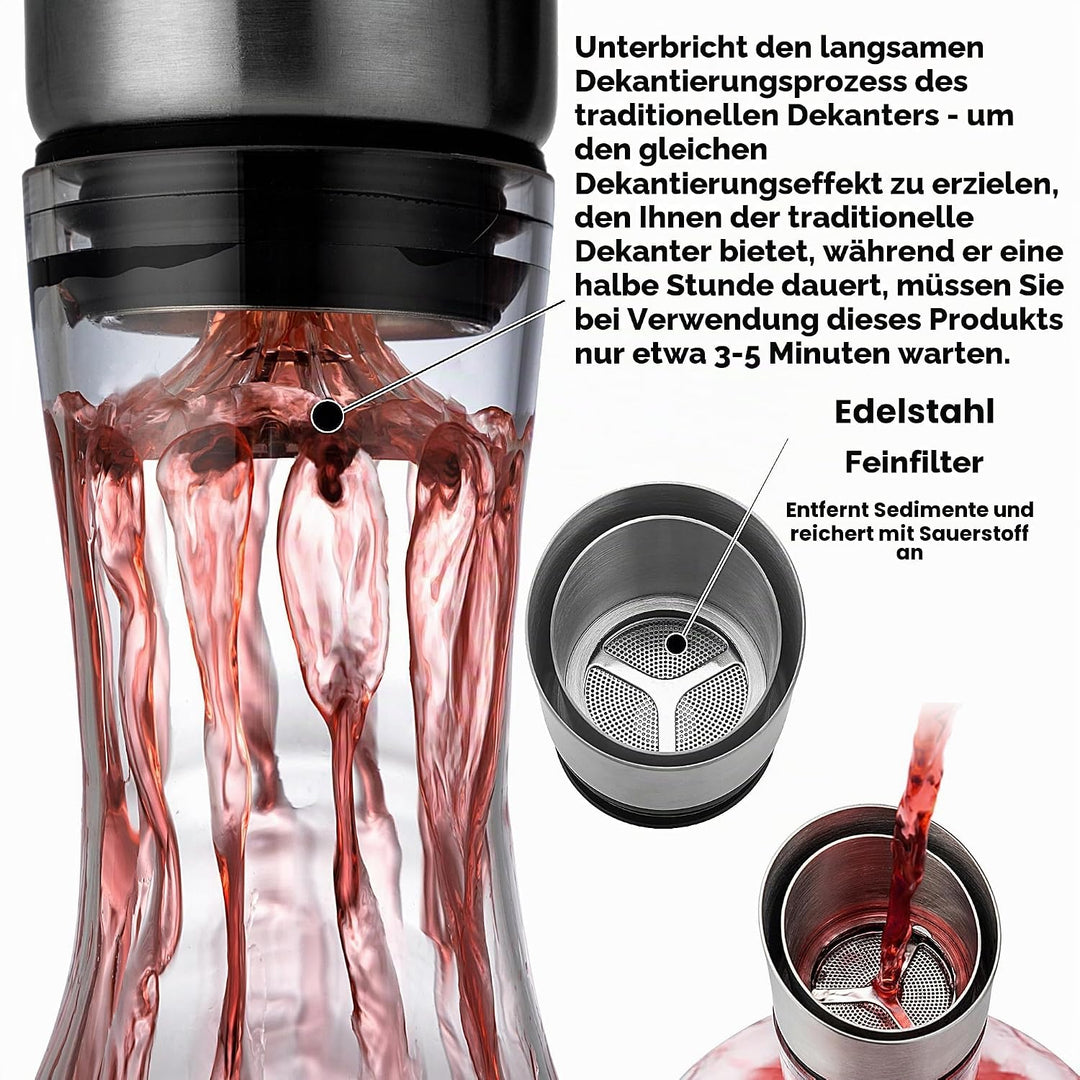 Weindekanter, Rotweinkaraffe, Dekanter mit integriertem Luftsprudler, 100% mundgeblasenes bleifreies