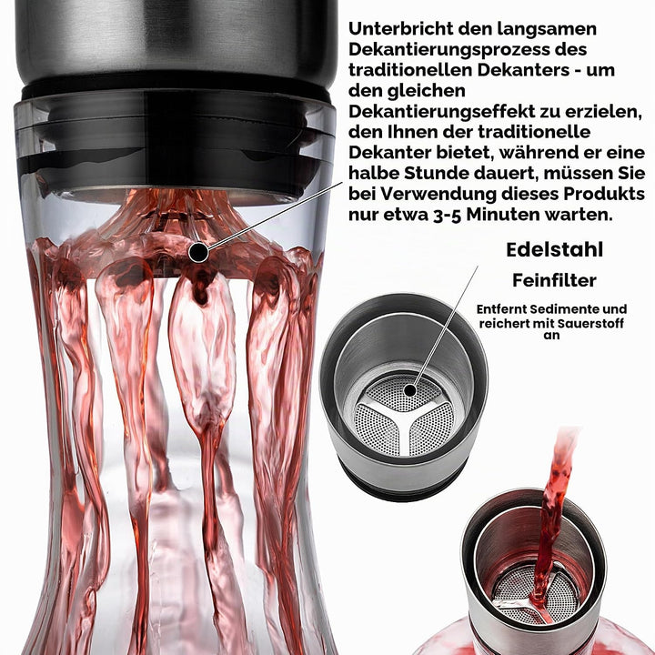 Weindekanter, Rotweinkaraffe, Dekanter mit integriertem Luftsprudler, 100% mundgeblasenes bleifreies