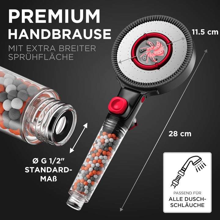 LOBENSWERK Duschkopf Schwarz Matt [3 Funktionen] mit natürlichen Mineralperlen für reines Wasser & H