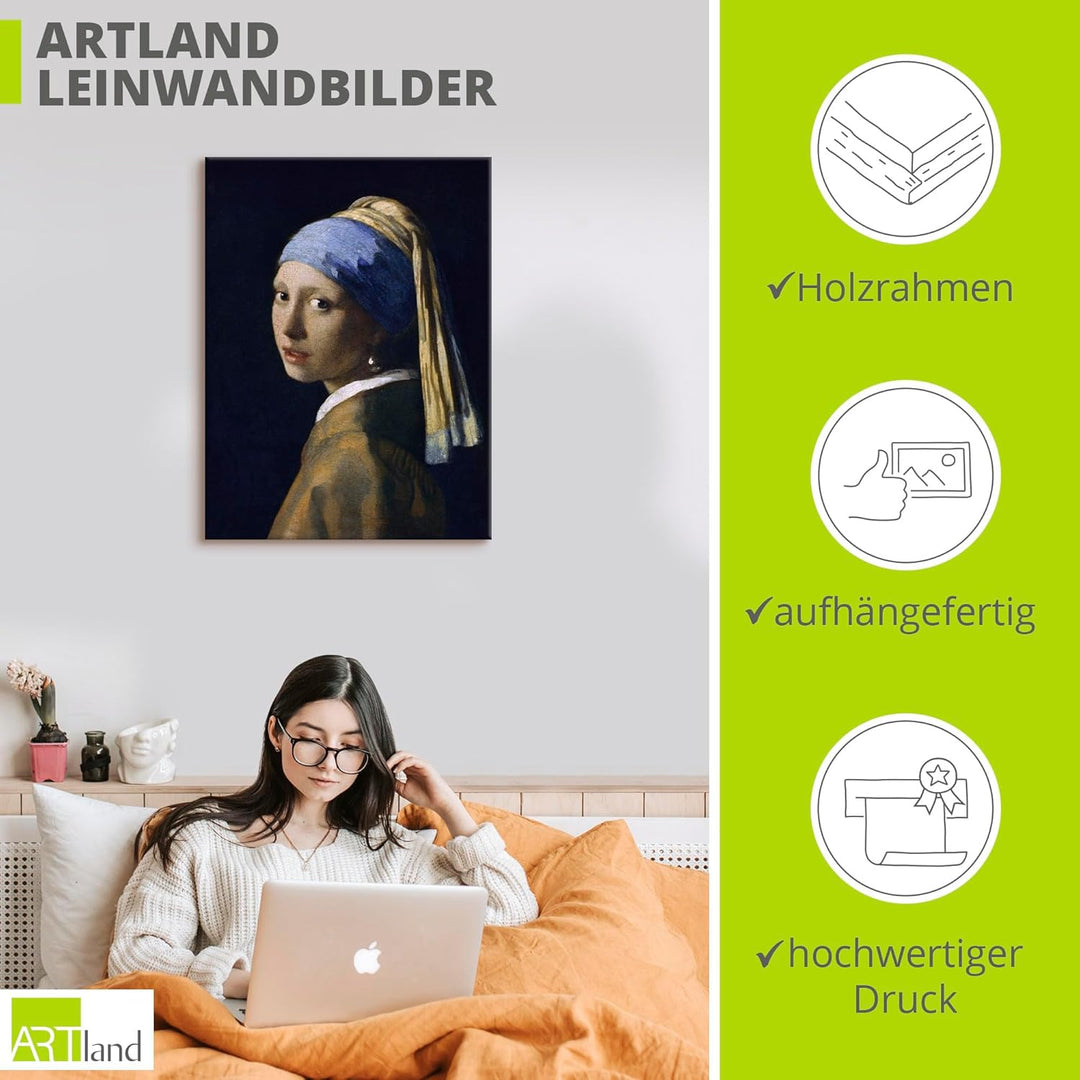 ARTland Leinwandbild Wandbild Bild auf Leinwand 60x80 cm Wanddeko Portrait Frau Schmuck Perlen Das M