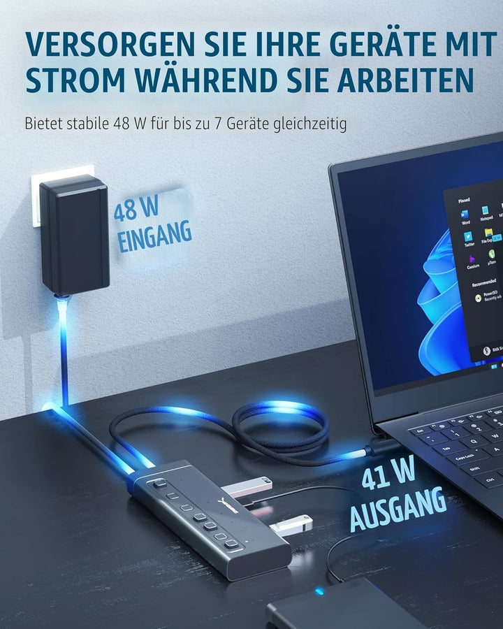 SABRENT USB C Hub 7 Port 48 W mit Schaltern (HB-3A4C) 7 Port 20w Typ C+A, 7 Port 20w Typ C+A