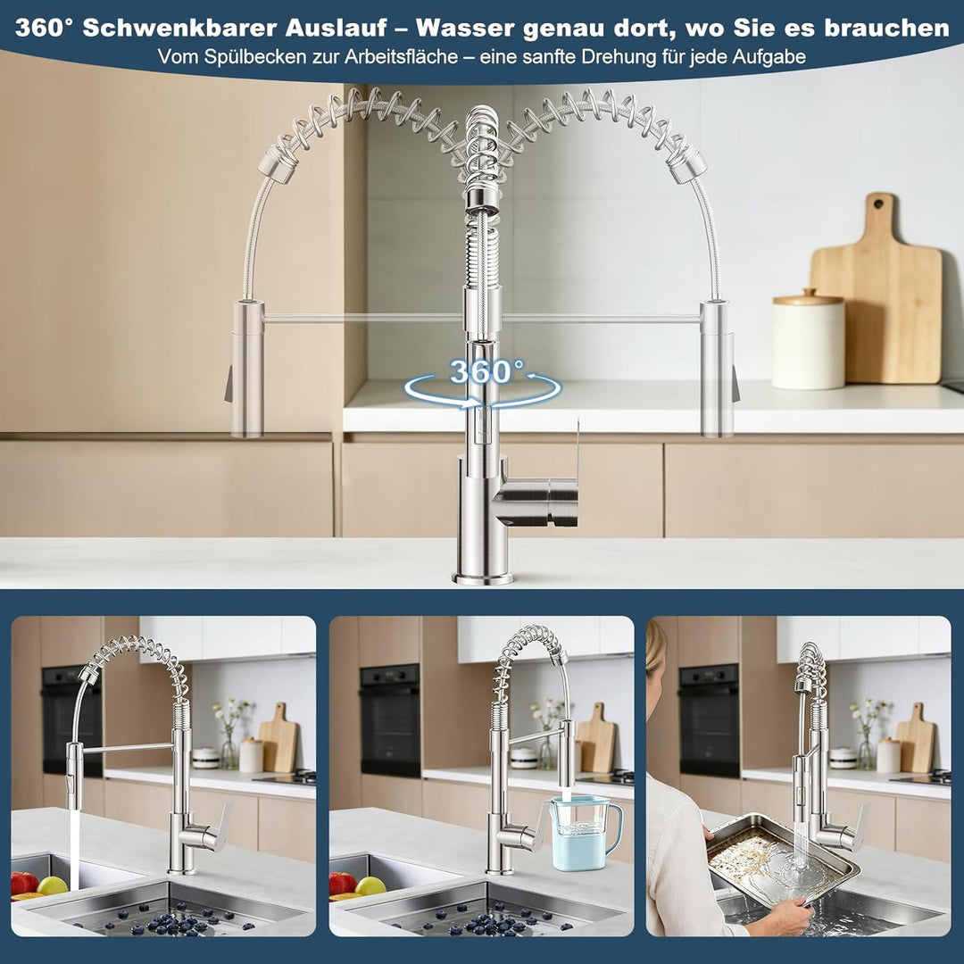 Wasserhahn Küche, Lagontap Elegante Hochdruck Küchenarmatur mit Herunterziehbarer Brause, Zwei Sprüh