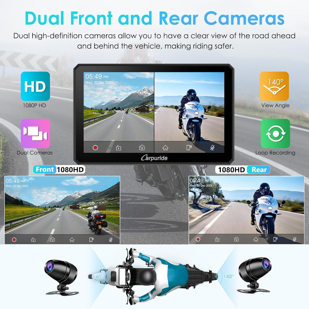 Carpuride W712D Motorrad Carplay Bildschirm mit 1080P Doppelkameras, Kabellos CarPlay und Android Au