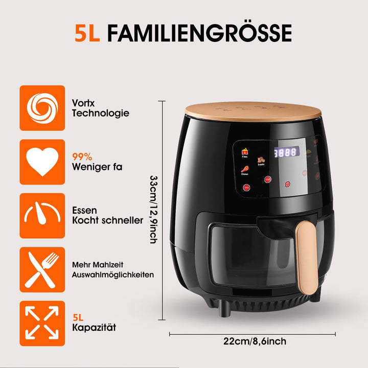 Heissluftfritteuse Mit 5L Kapazität 80-200° Temperaturbereich Einfache Reinigung Touch-Steuerung Spü
