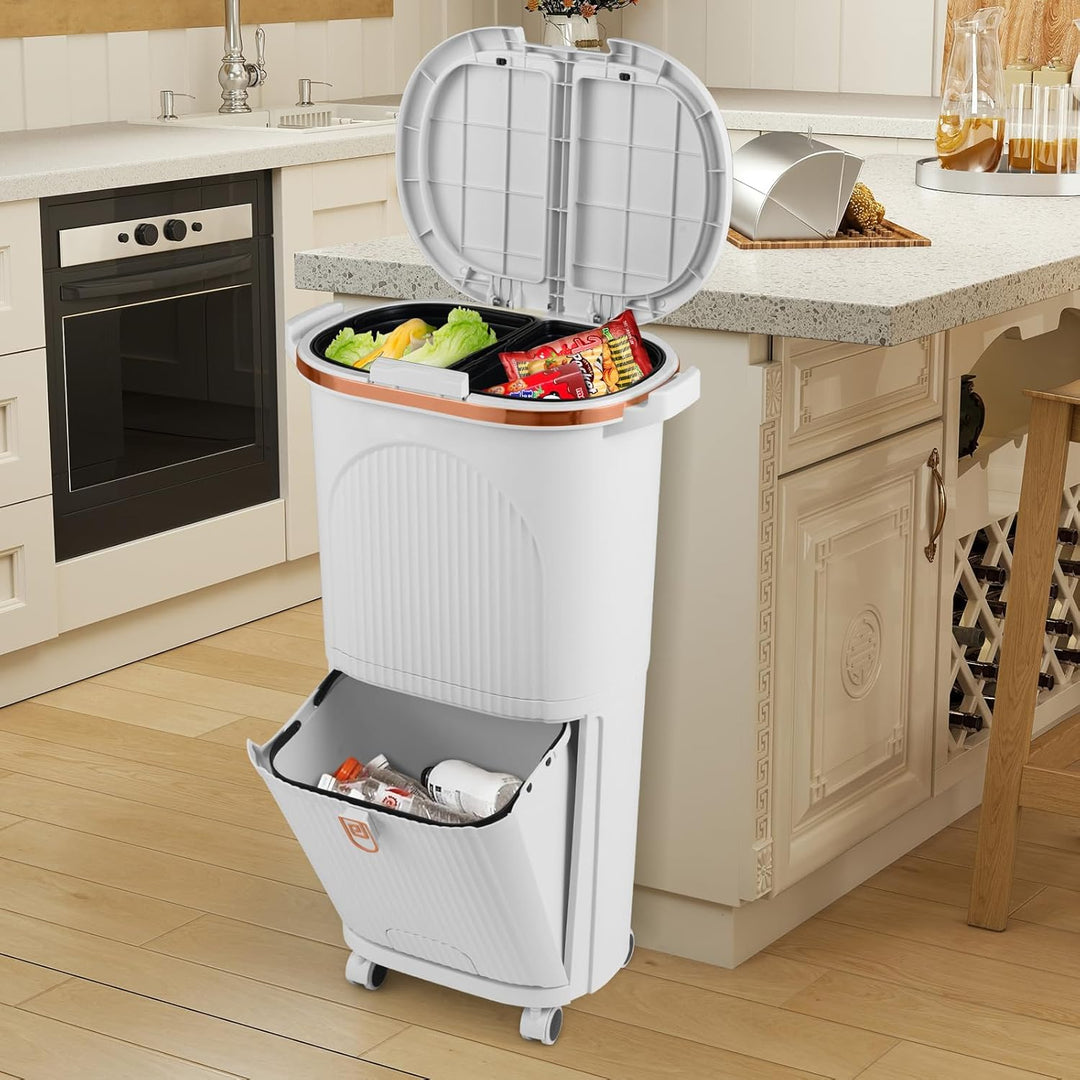 COSTWAY Mülleimer Küche, Mülltrennsystem 3 Fächer, 2 x 12L Inneneimer & 14L Treteimer, Abfalleimer m