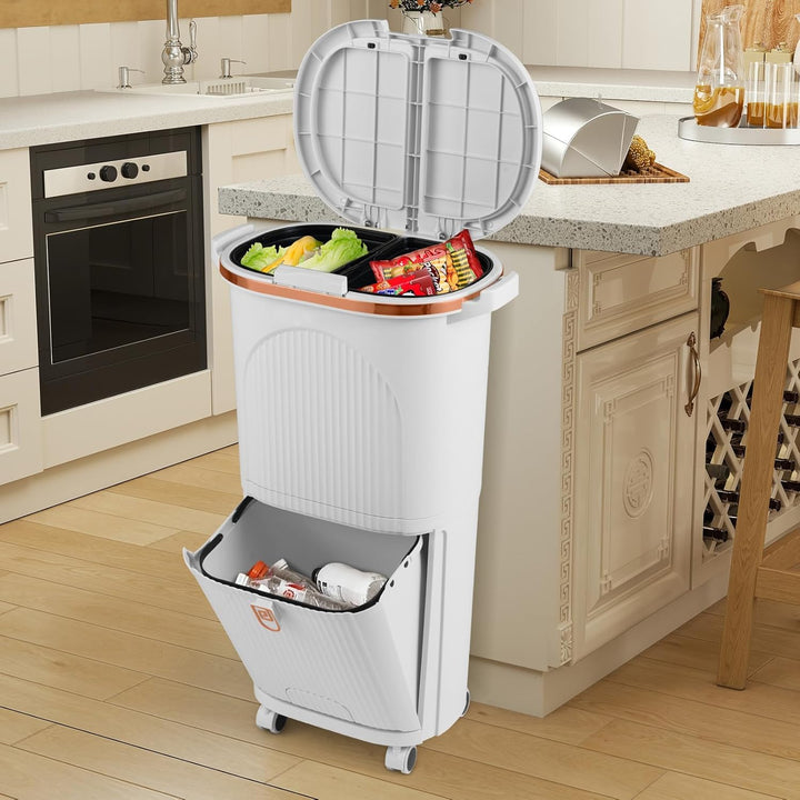 COSTWAY Mülleimer Küche, Mülltrennsystem 3 Fächer, 2 x 12L Inneneimer & 14L Treteimer, Abfalleimer m